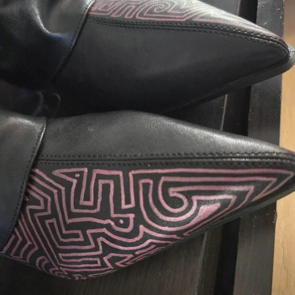 HANDCRAFTED Upcycled Faux Leather Black Boots HANDPAINTED Kitten Heel Ankle Shoe - Picture 7 of 17